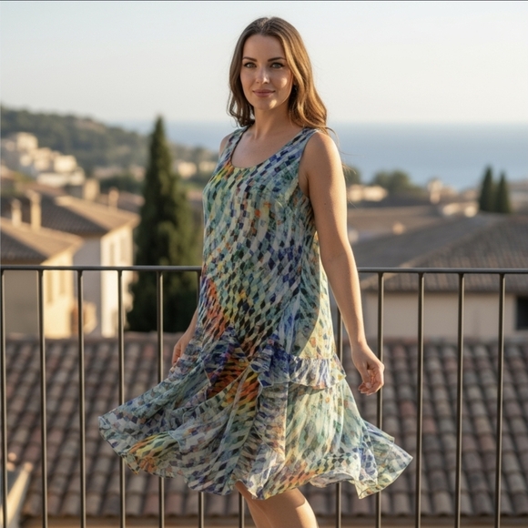 Signature by Robbie Bee ✦ Geometric Midi Dress ✦ Sleeveless Fairy Ruffle Hem 8P - Picture 2 of 16